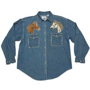 Denim Button Down Shirt with Horse Embroidery